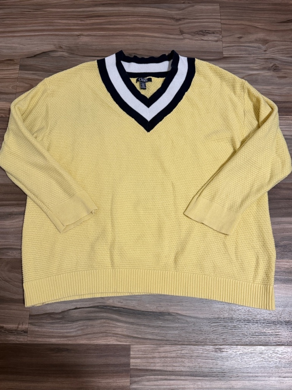Chaps Waffle Knit Sweater Womens 3X Yellow Navy Trim Cotton Tennis Varsity